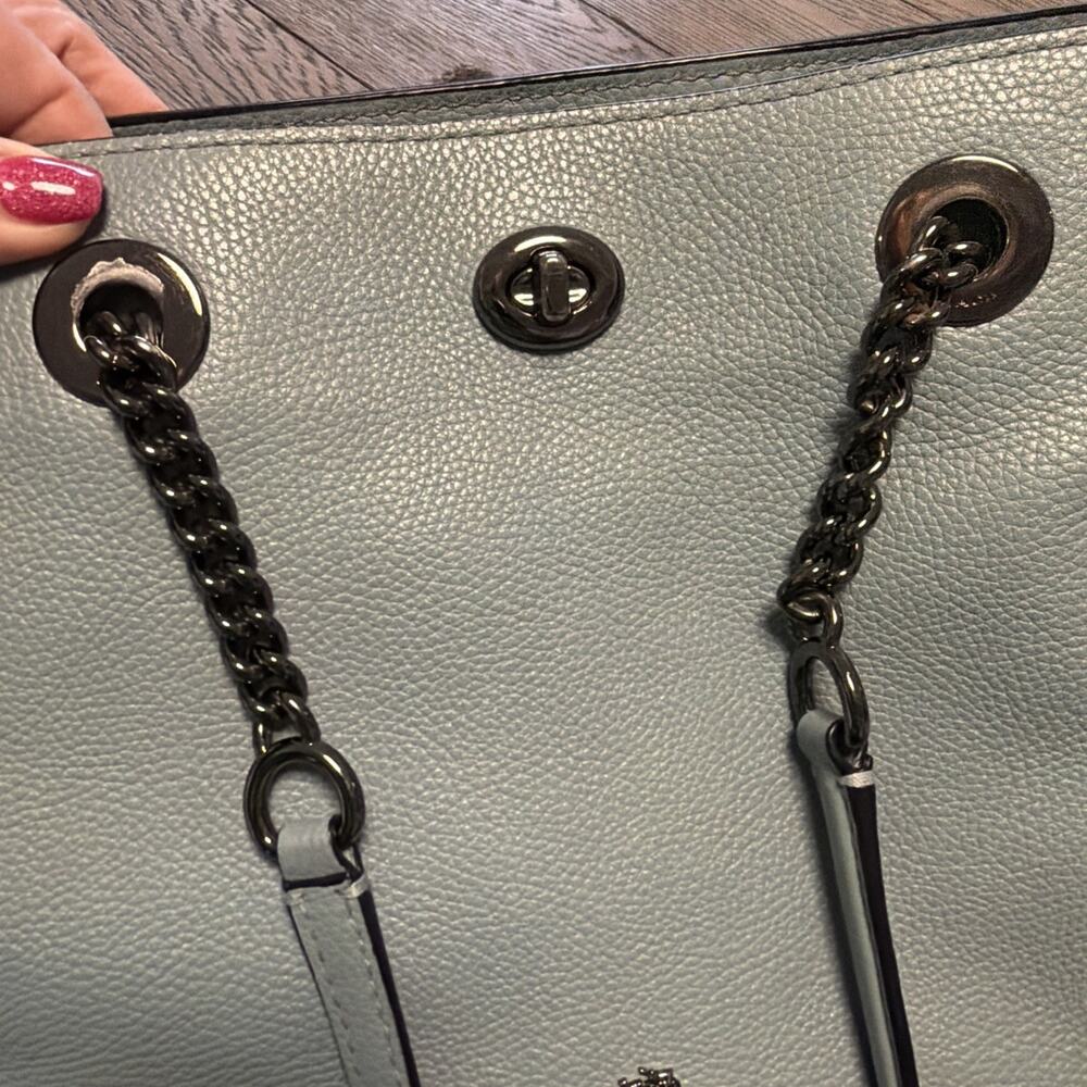 Coach Light Blue Pebbled Shoulder Bag with Chain, Logo, Turn Lock & Tag Accent - Picture 12 of 13